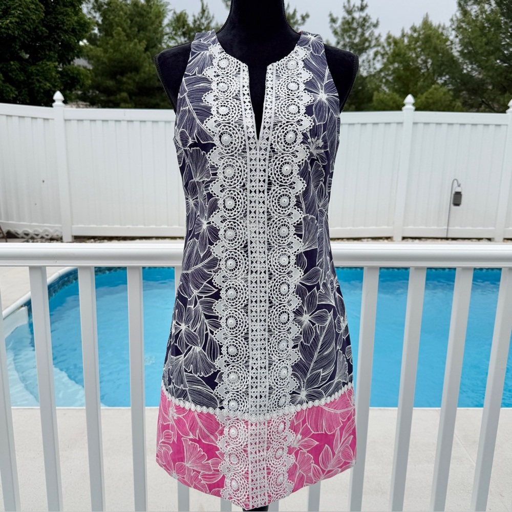 Eliza J Floral Sheath Dress Overlay Split V-Neck Navy Pink Size 6 - Picture 2 of 11